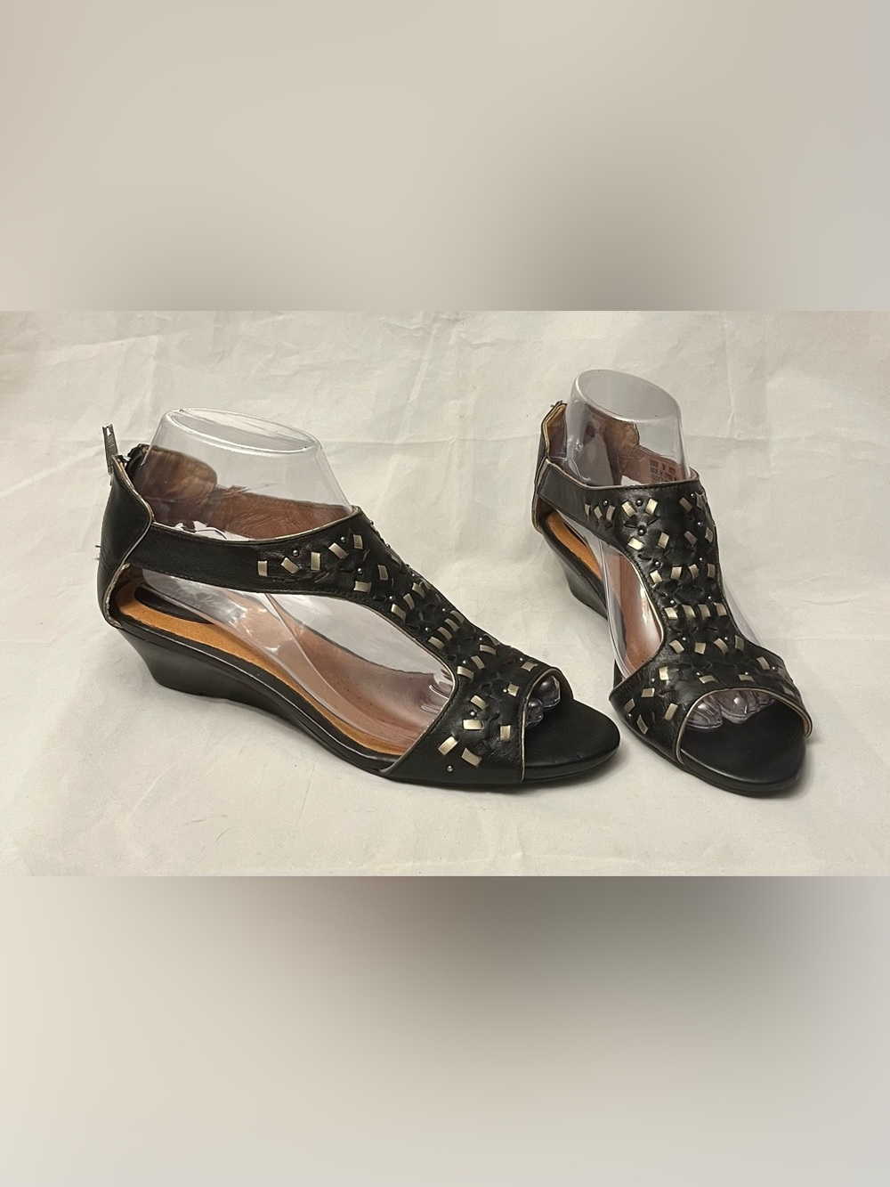 Clark's Artisan Black Wedge Sandals with Woven Silver 7
